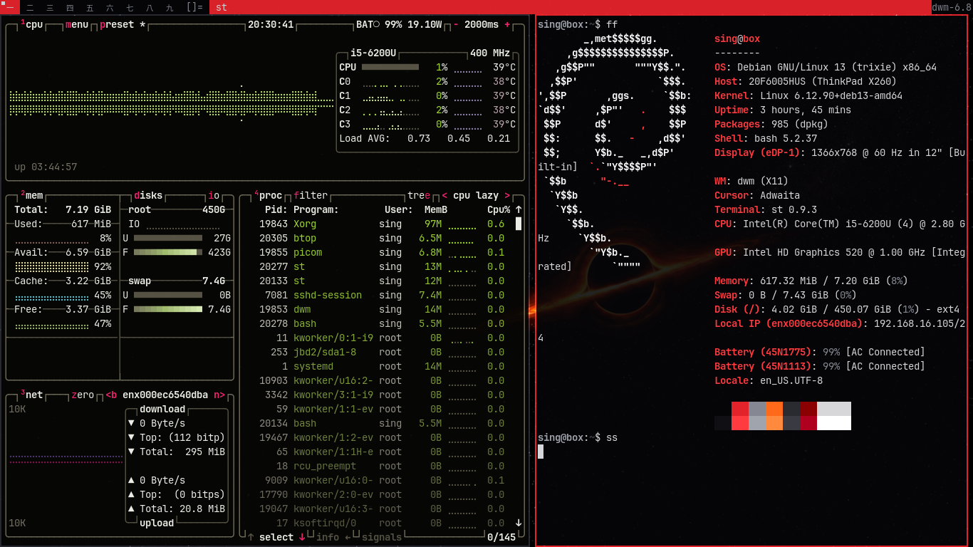 A btop and fastfetch workspace on the finished setup.