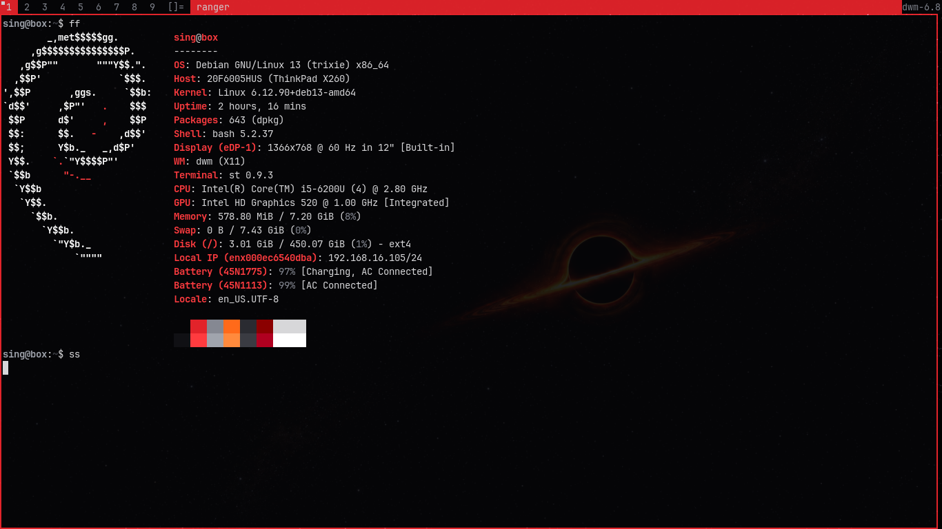 A dwm desktop with wallpaper and fastfetch output.