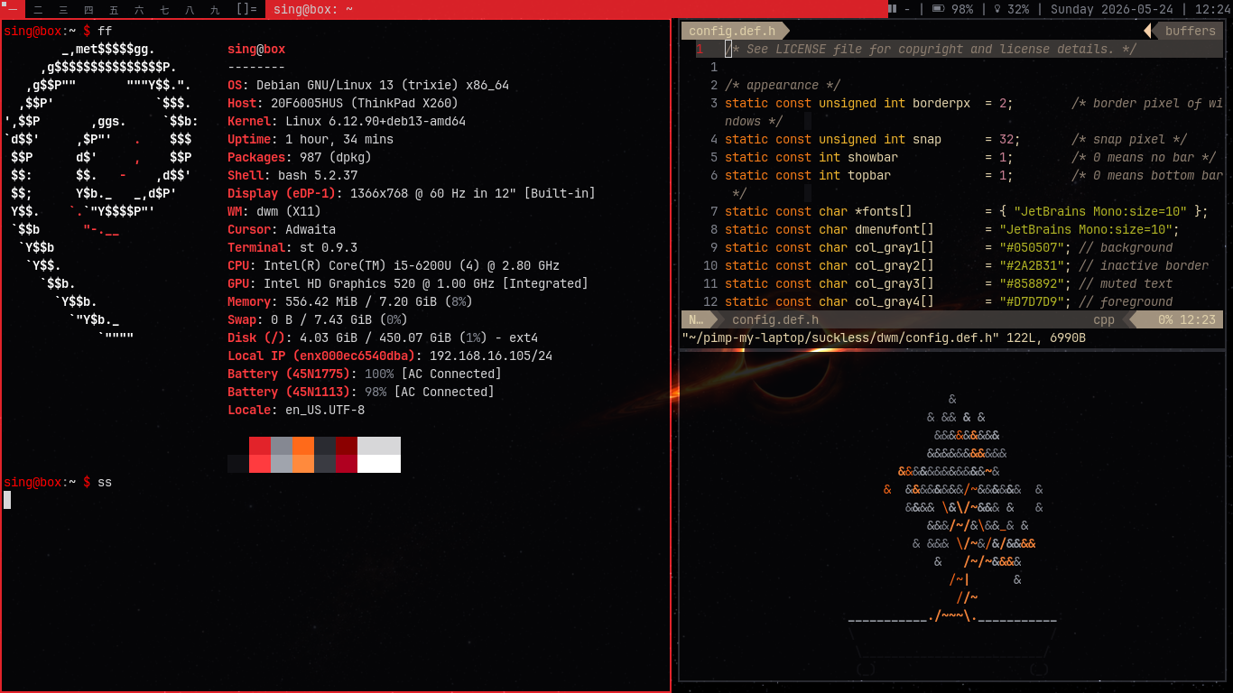 A finished minimalist dwm desktop on the ThinkPad X260.