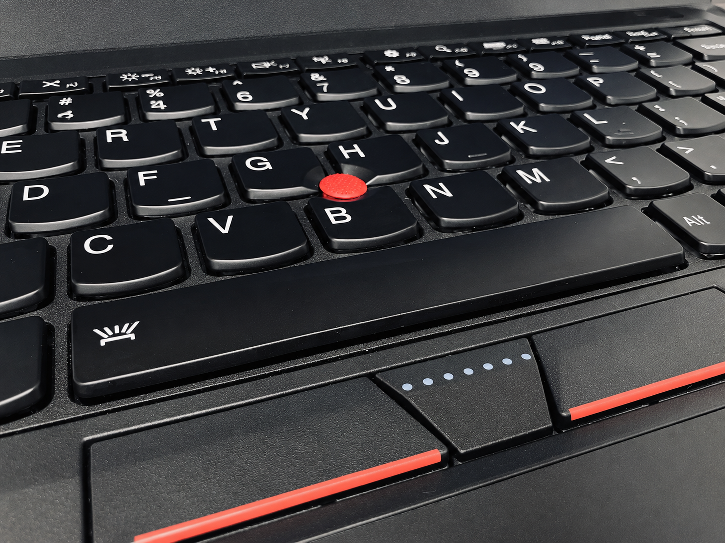 A close-up of the ThinkPad keyboard and TrackPoint.