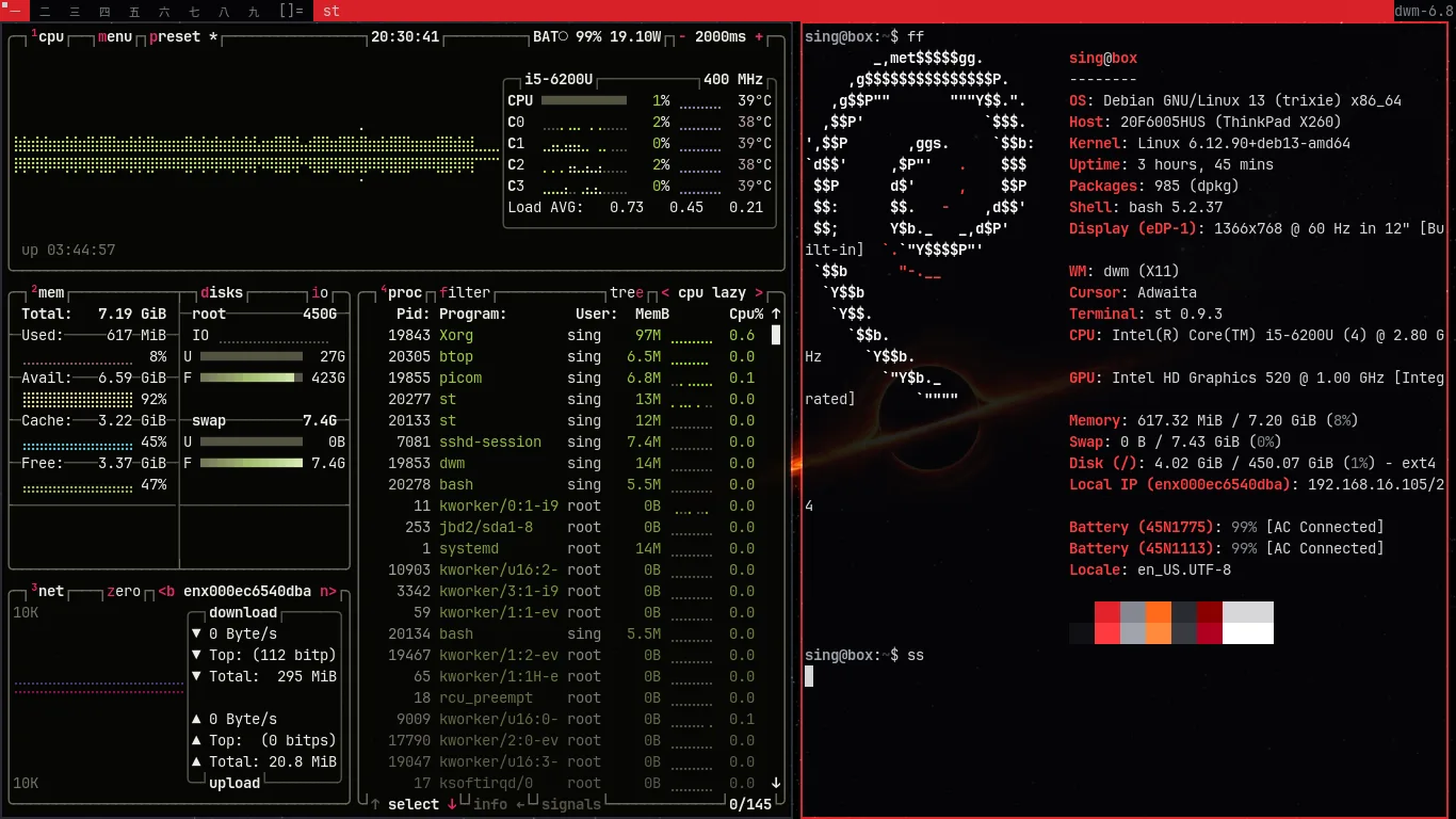 A btop and fastfetch workspace on the finished setup.