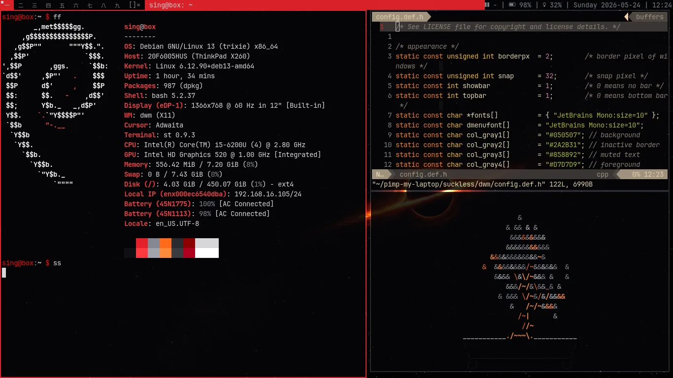 A finished minimalist dwm desktop on the ThinkPad X260.